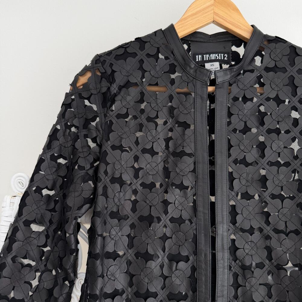 Lamb Leather Cut Out Duster Jacket Womens XS Black Mesh Floral Whimsigoth Art - Picture 4 of 12
